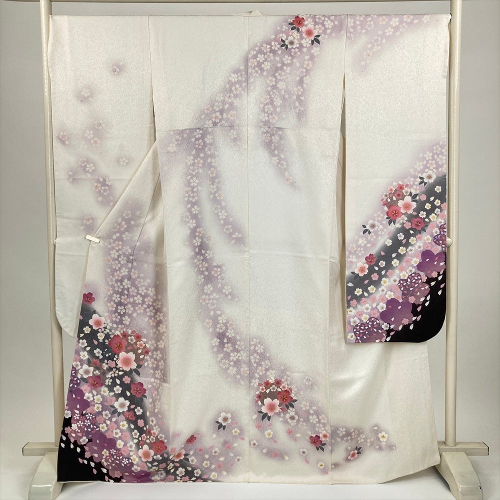中古）振袖 水色 たたき染め 睡蓮 秋山庄太郎 袷 M【身丈】161.5cm【裄