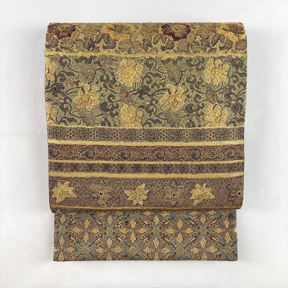 中古）袋帯 金 セミフォーマル 六通 モール織り 横段 天平文 絹