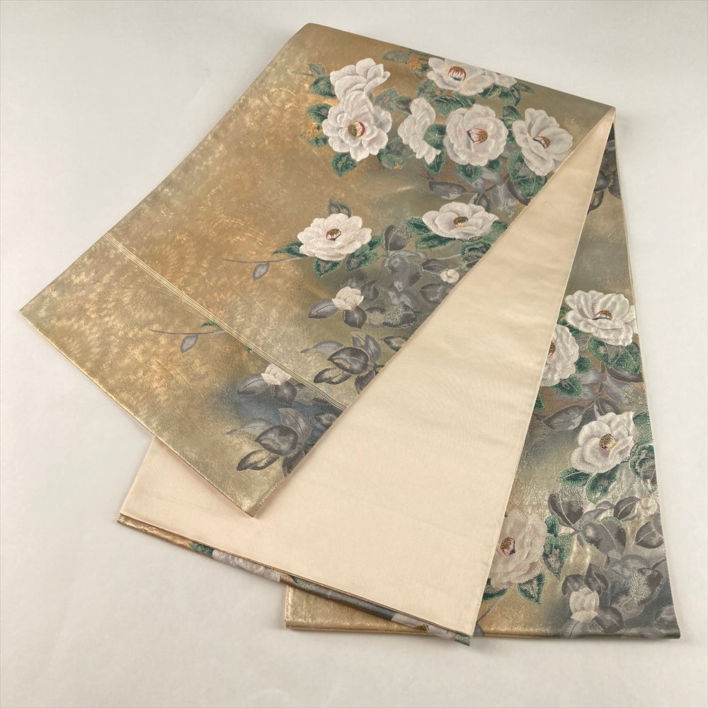 【美品】六通柄袋帯　幾何学模様　金箔　色無地　小紋　付け下げ　紬セミフォーマル 中古）袋帯 金 セミフォーマル フォーマル 六通 引き箔 金糸 四季花文 絹