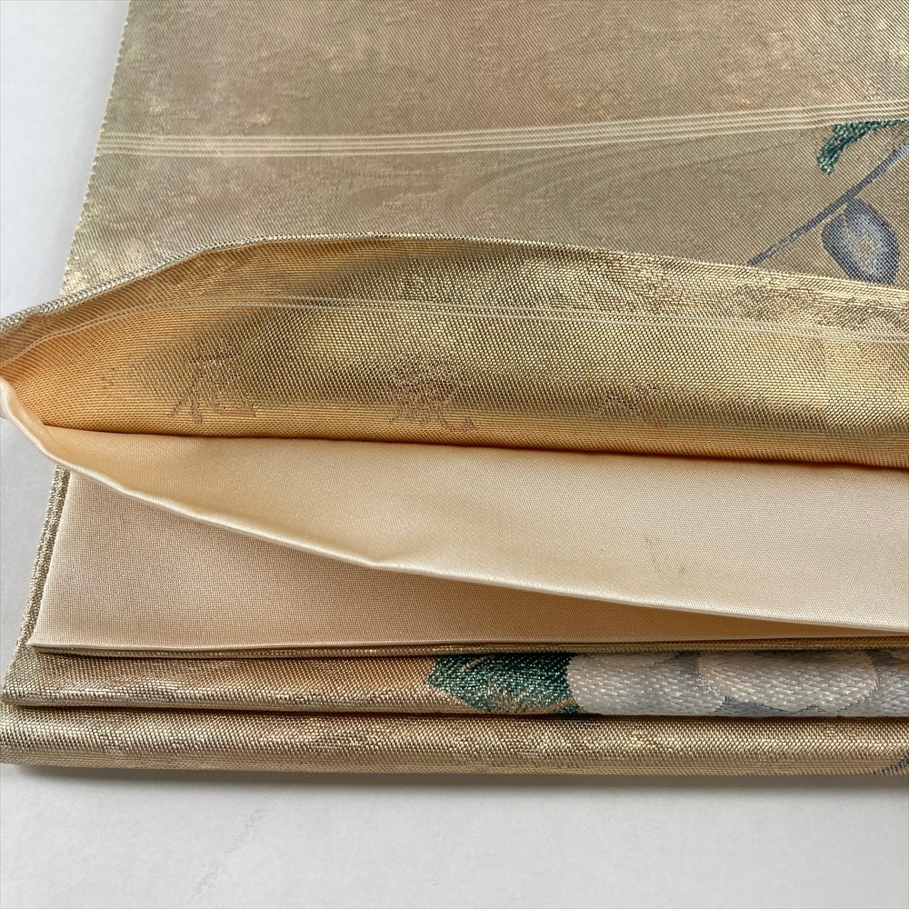 袋帯 作家物 金彩加工 手染め 染め帯 緑 菊 椿 楓 桜 中古 kp2253 袋帯 作家物 金彩加工 手染め 染め帯 緑 菊 椿 楓 桜 中古 kp2253の