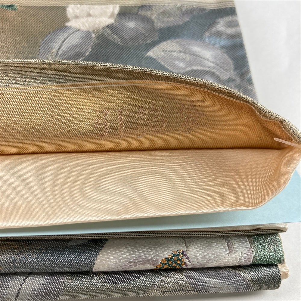 袋帯 作家物 金彩加工 手染め 染め帯 緑 菊 椿 楓 桜 中古 kp2253 袋帯 作家物 金彩加工 手染め 染め帯 緑 菊 椿 楓 桜 中古 kp2253の