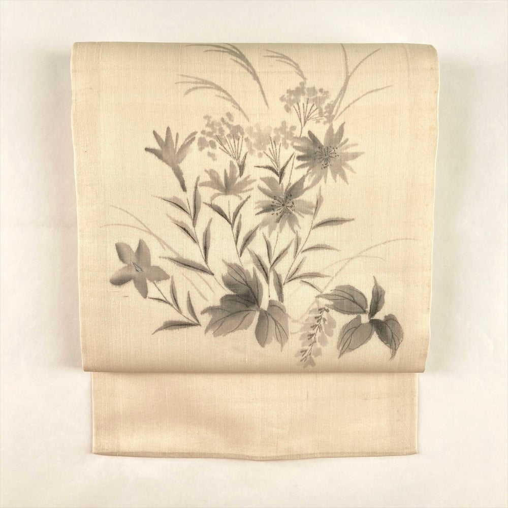 中古）夏名古屋帯 薄緑 カジュアル 名古屋仕立て 絽 手描き 竹笹 紅葉 絹