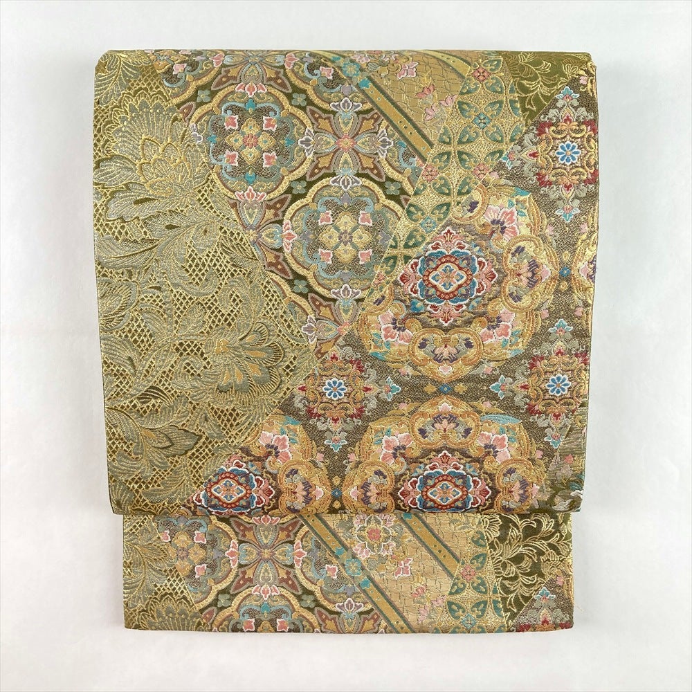 中古）袋帯 金 セミフォーマル 六通 モール織り 横段 天平文 絹