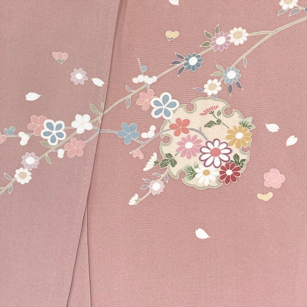 【美品 未着用】正絹 付下げ 袷 しつけ糸付 薄ピンク 四季花 熨斗 花柄 入学式 結婚式 リサイクル着物】訪問着 正絹 Sランク 袷 身丈166cm 裄丈64cm 浅紅色