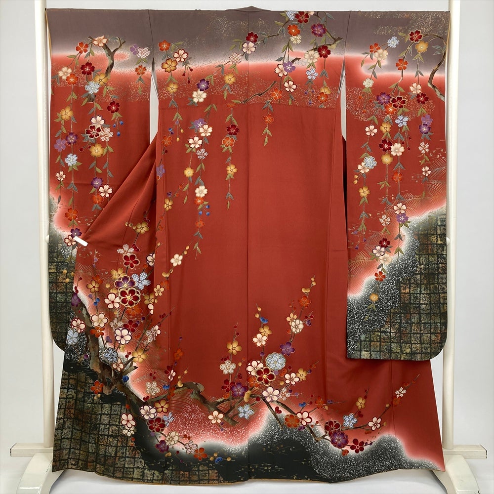 中古） 振袖 赤茶 フォーマル 梅 桜 流水 袷 絹【身丈】160cm【裄丈】68cm