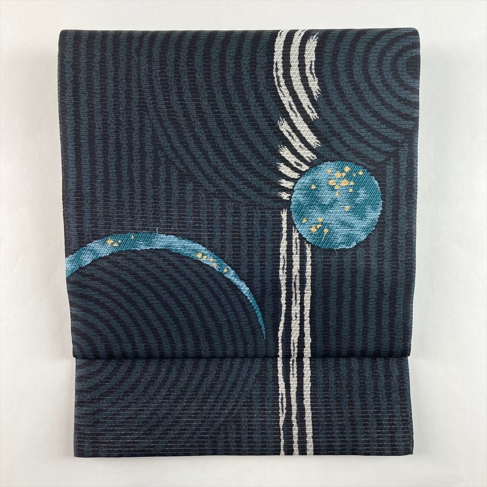 中古）袋帯 灰青 黒 カジュアル 六通 織り 刷毛日月文 絹