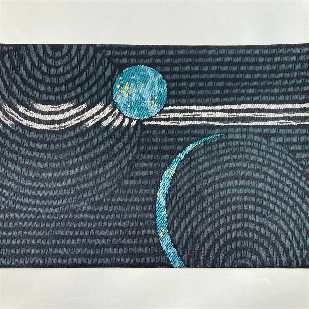 中古）袋帯 灰青 黒 カジュアル 六通 織り 刷毛日月文 絹