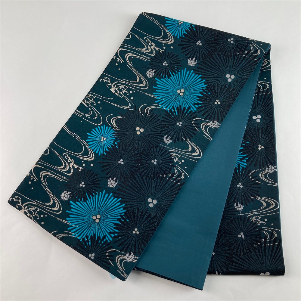 中古）袋帯 青緑 カジュアル 全通 織り 若松 流水 絹