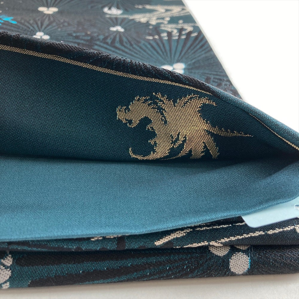 中古）袋帯 青緑 カジュアル 全通 織り 若松 流水 絹