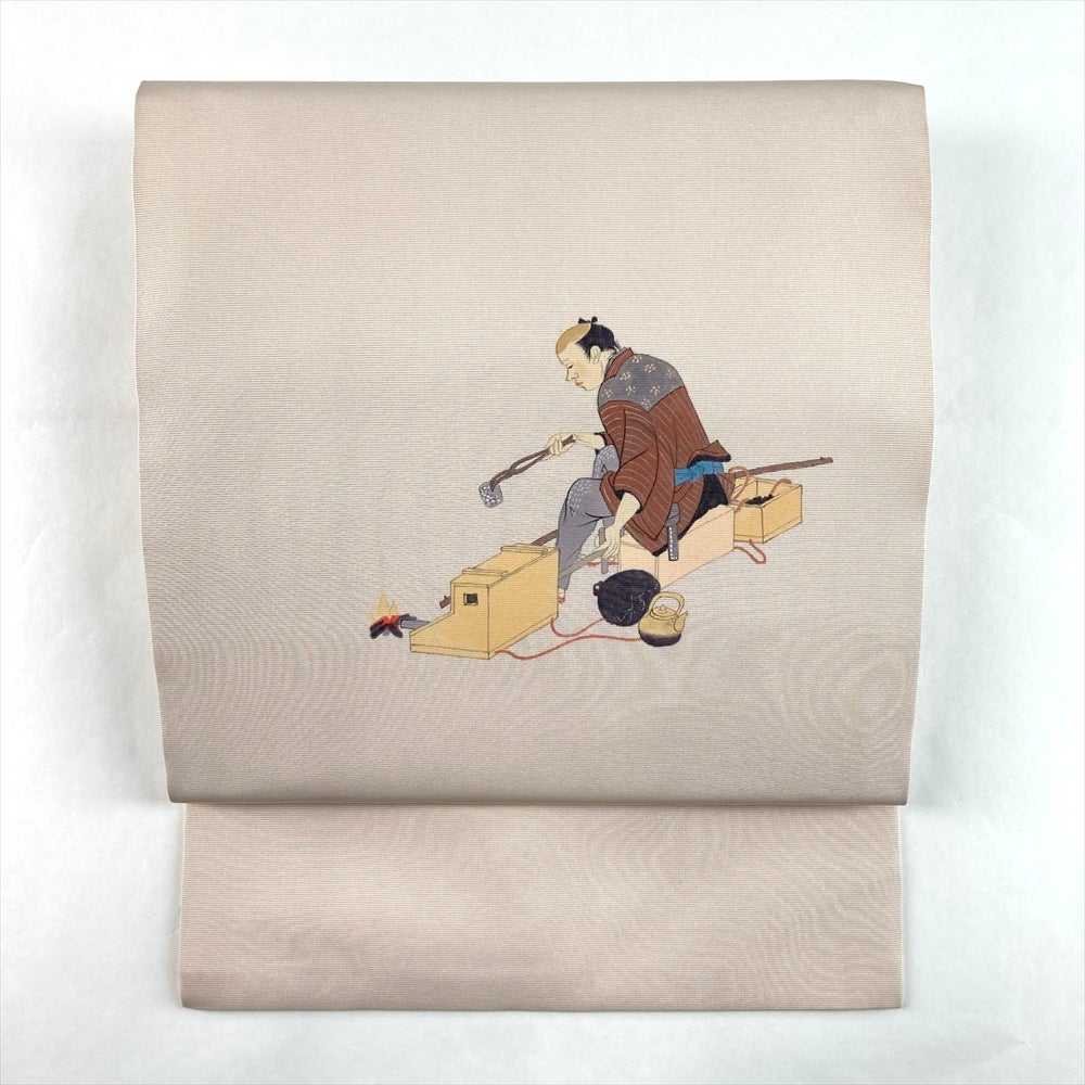 中古）名古屋帯 薄ベージュ カジュアル 名古屋仕立て 手描き 江戸の職人 絹