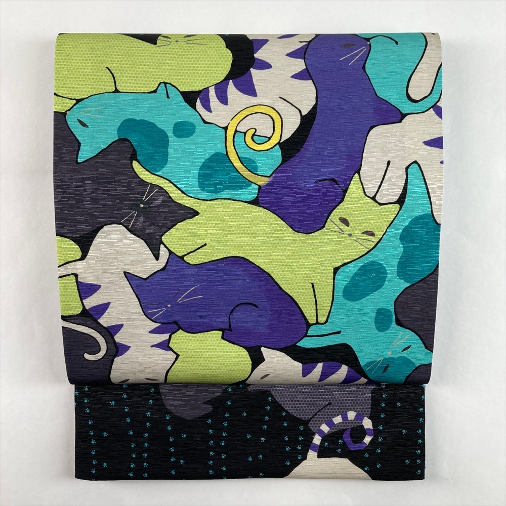 中古）京袋帯 黒 カジュアル 六通 染め 猫 絹