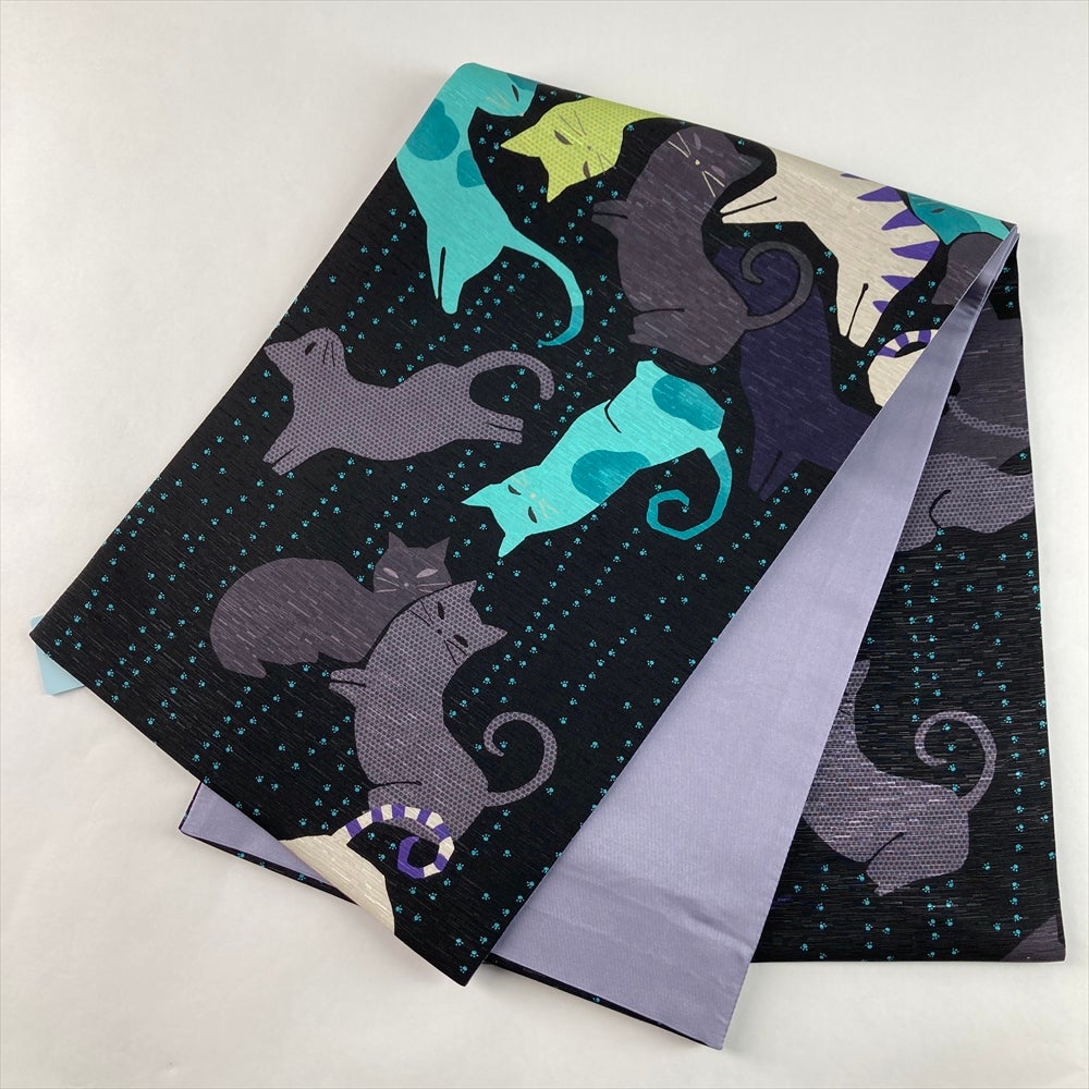 中古）京袋帯 黒 カジュアル 六通 染め 猫 絹