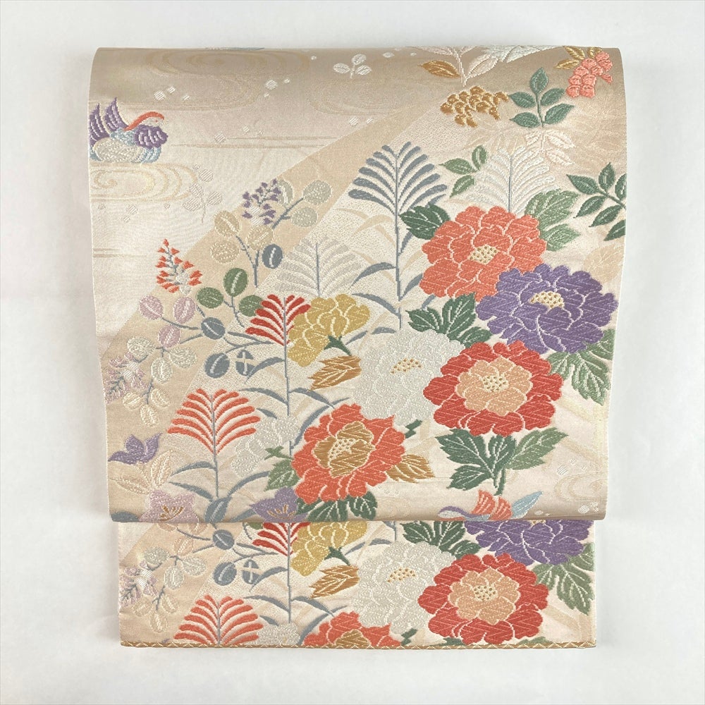 中古）袋帯 白金 セミフォーマル フォーマル 六通 織り 花鳥文 絹