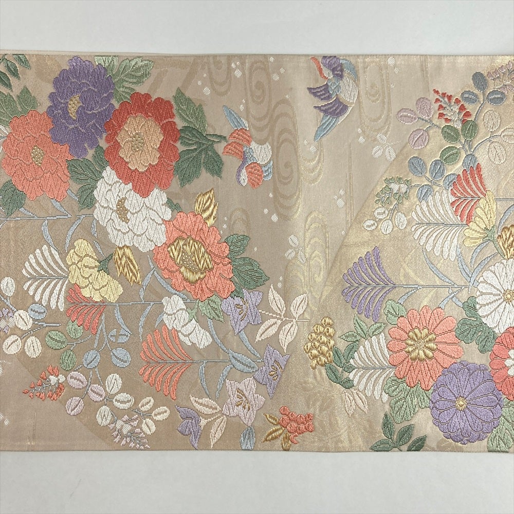 中古）袋帯 白金 セミフォーマル フォーマル 六通 織り 花鳥文 絹