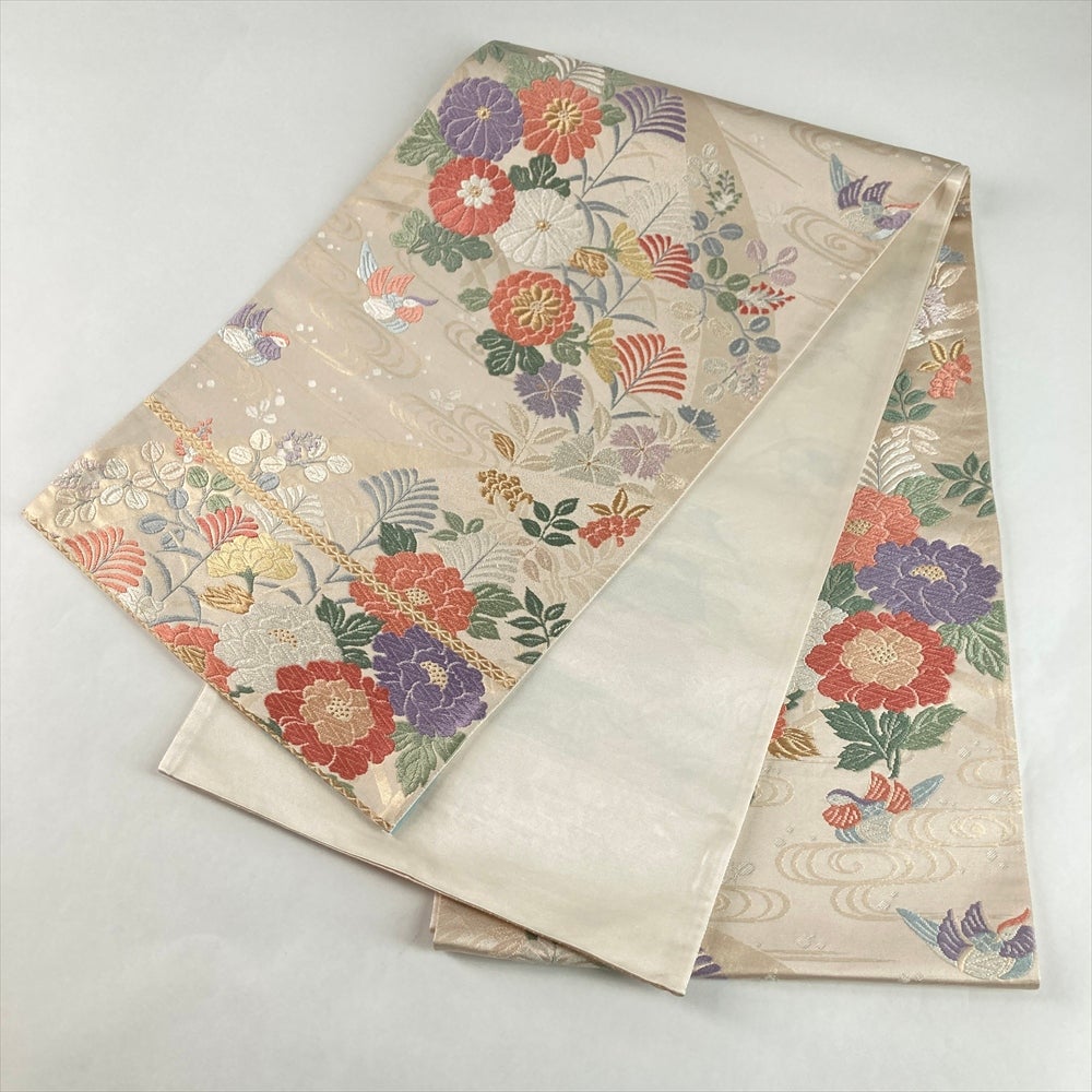 中古）袋帯 白金 セミフォーマル フォーマル 六通 織り 花鳥文 絹