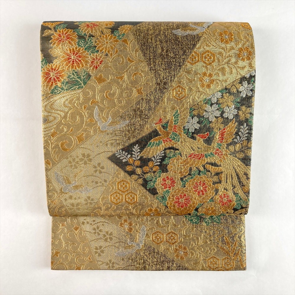 中古）袋帯 金 セミフォーマル フォーマル 六通 織り 重ね色紙文 絹
