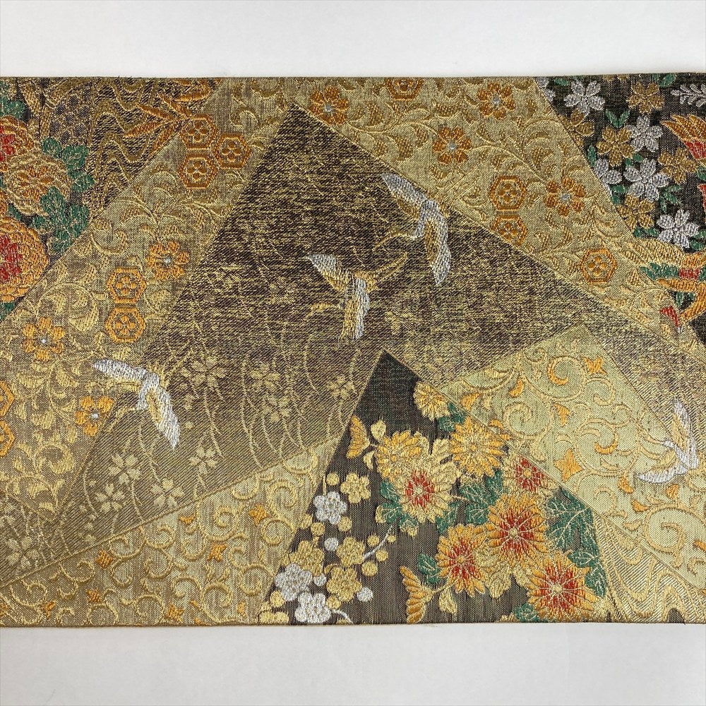 中古）袋帯 金 セミフォーマル フォーマル 六通 織り 重ね色紙文 絹