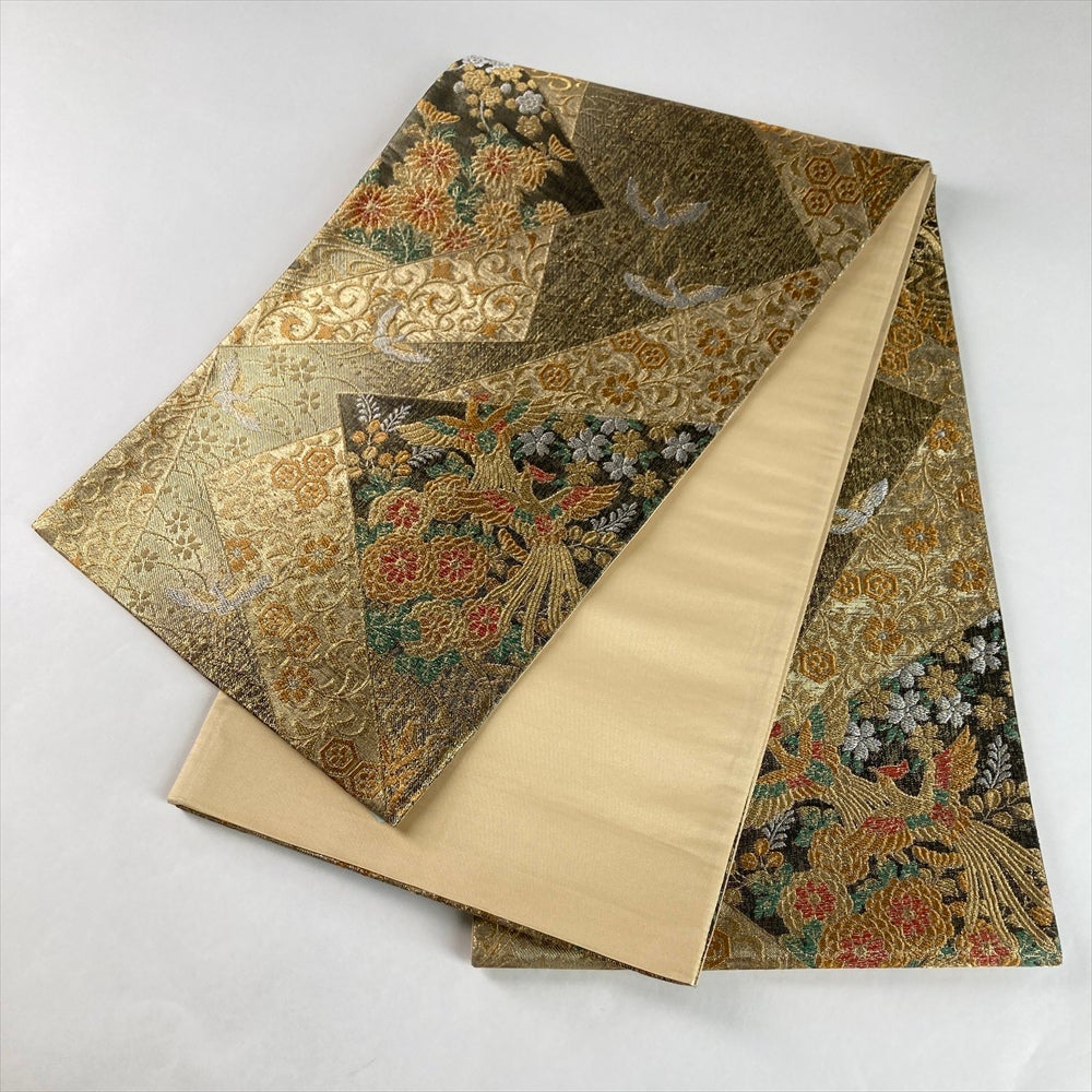 中古）袋帯 金 セミフォーマル フォーマル 六通 織り 重ね色紙文 絹