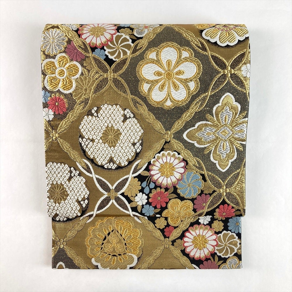 中古）袋帯 金 黒 セミフォーマル フォーマル 六通 引き箔 金糸 四季花