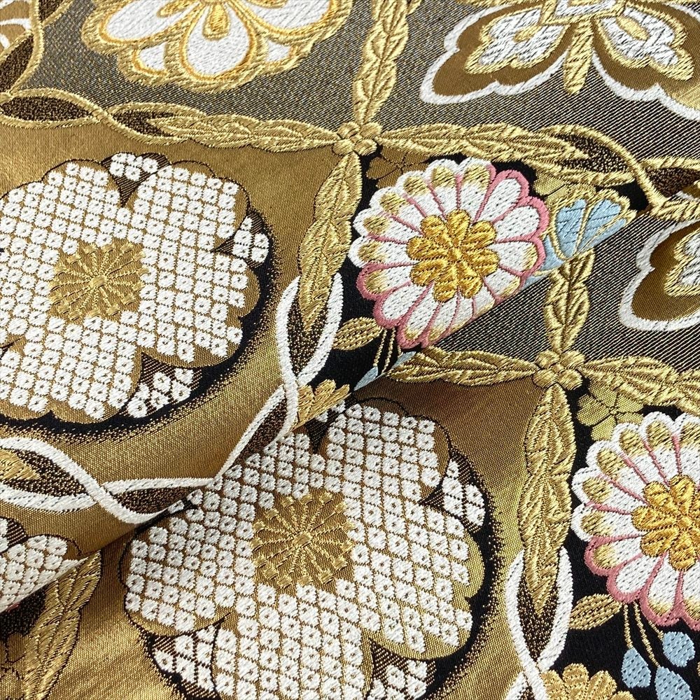 中古）袋帯 金 黒 セミフォーマル フォーマル 六通 引き箔 金糸 四季花