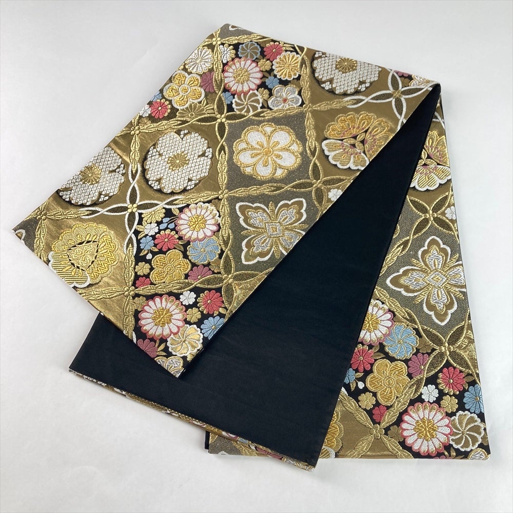 中古）袋帯 金 黒 セミフォーマル フォーマル 六通 引き箔 金糸 四季花