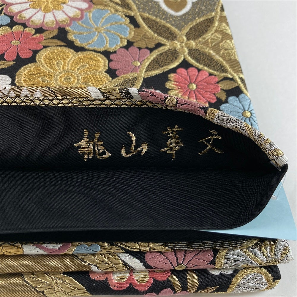 中古）袋帯 金 黒 セミフォーマル フォーマル 六通 引き箔 金糸 四季花