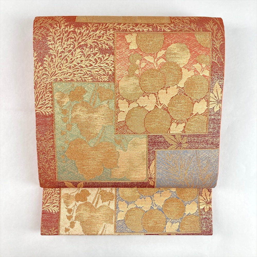 中古）袋帯 金 赤 セミフォーマル フォーマル 六通 金糸 琳派 色紙文 絹