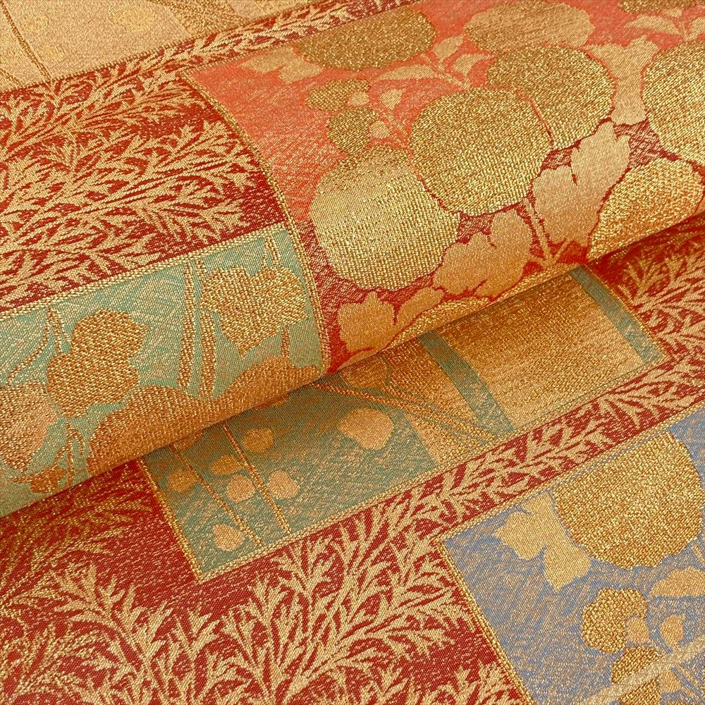 中古）袋帯 金 赤 セミフォーマル フォーマル 六通 金糸 琳派 色紙文 絹