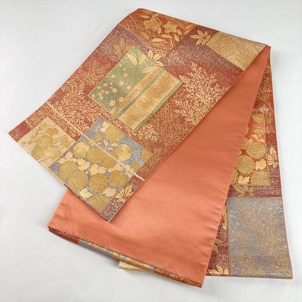 中古）袋帯 金 赤 セミフォーマル フォーマル 六通 金糸 琳派 色紙文 絹