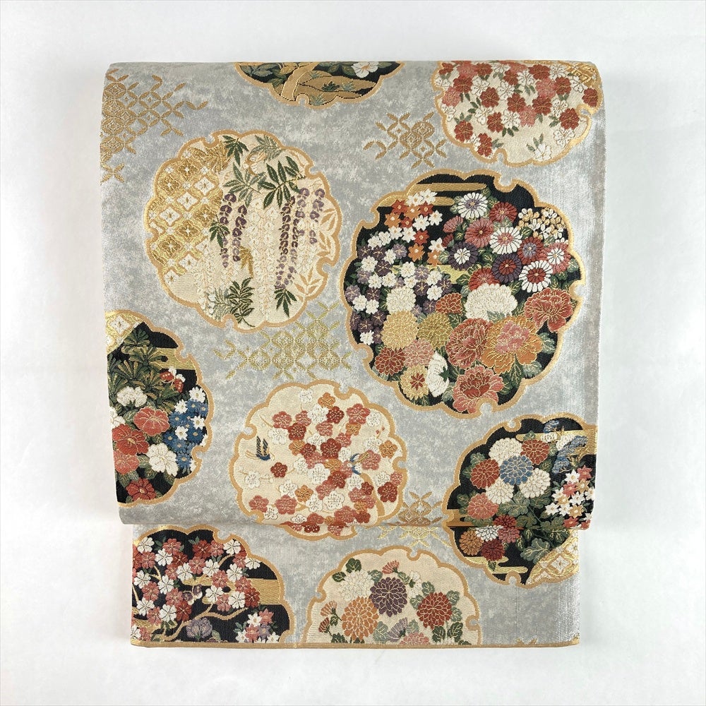 中古）袋帯 銀 セミフォーマル フォーマル 六通 引き箔 四季花 雪輪文 絹