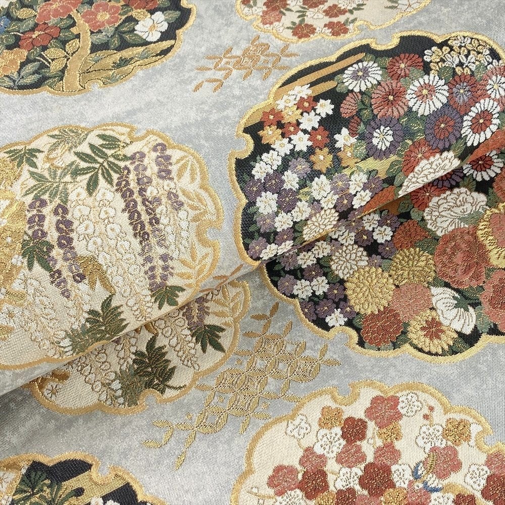 中古）袋帯 銀 セミフォーマル フォーマル 六通 引き箔 四季花 雪輪文 絹