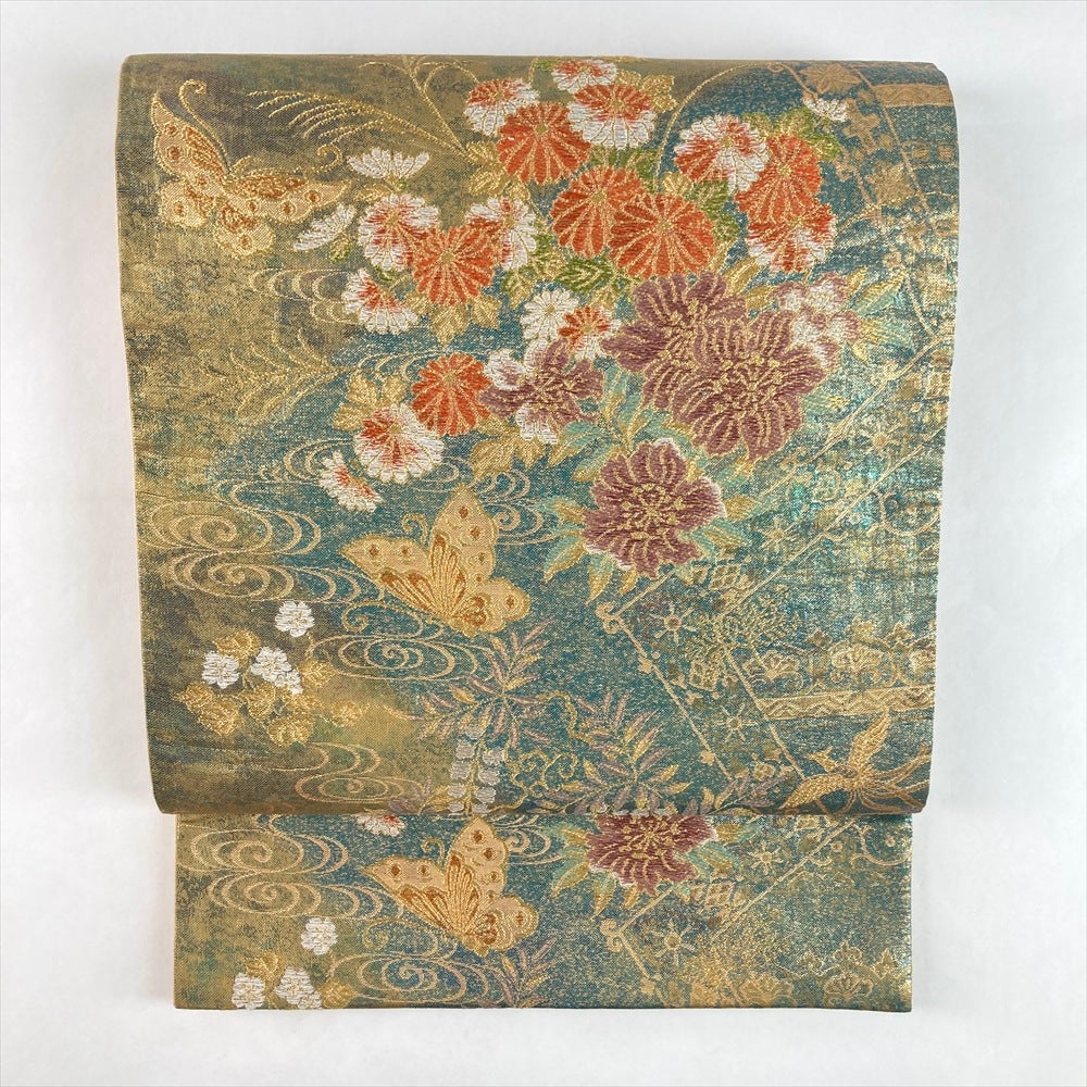 中古）袋帯 金緑 セミフォーマル フォーマル 六通 引き箔 琳派 花蝶文 絹