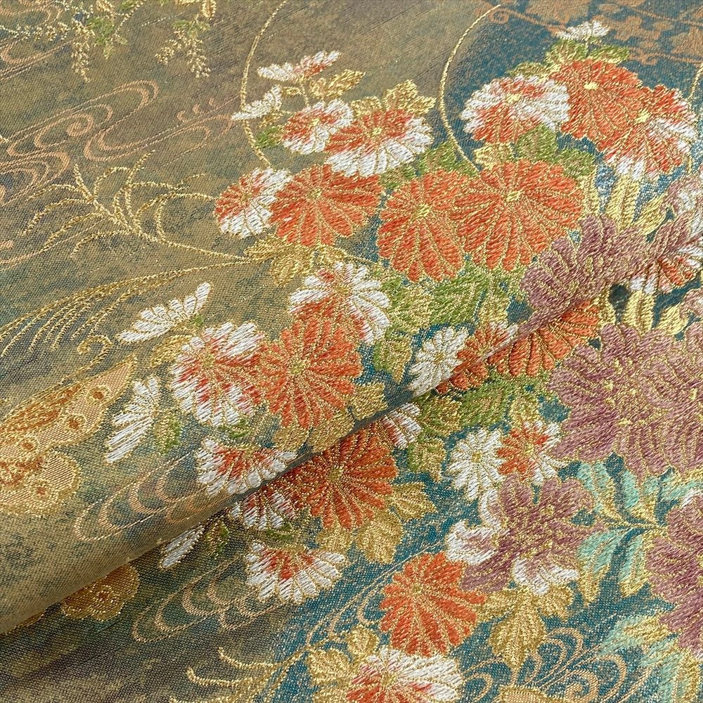 中古）袋帯 金緑 セミフォーマル フォーマル 六通 引き箔 琳派 花蝶文 絹