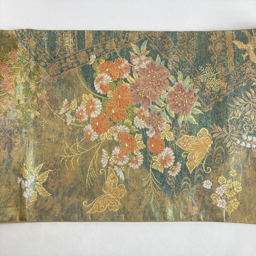中古）袋帯 金緑 セミフォーマル フォーマル 六通 引き箔 琳派 花蝶文 絹