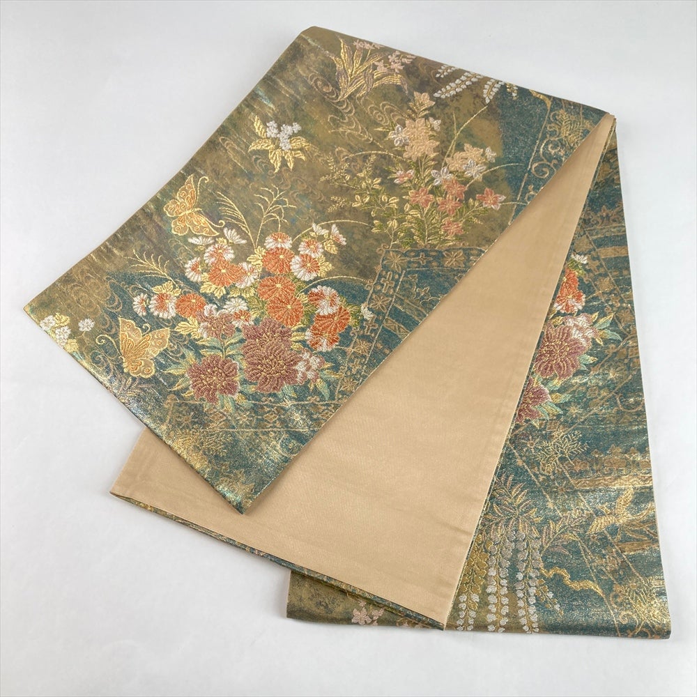 中古）袋帯 金緑 セミフォーマル フォーマル 六通 引き箔 琳派 花蝶文 絹