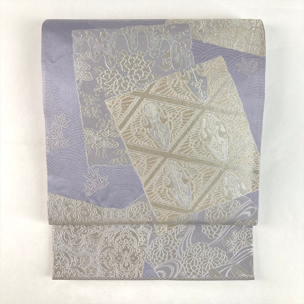 中古）袋帯 薄青藤 紫 セミフォーマル フォーマル 六通 銀糸 色紙文 絹