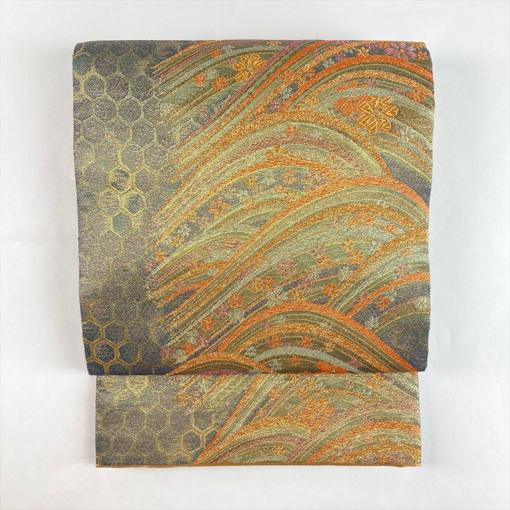 中古）袋帯 金緑 セミフォーマル フォーマル 六通 金糸 波文 亀甲文 絹