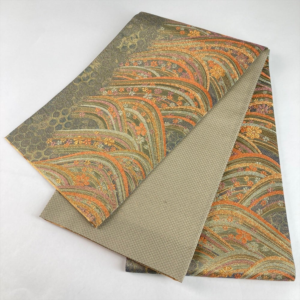 中古）袋帯 金緑 セミフォーマル フォーマル 六通 金糸 波文 亀甲文 絹