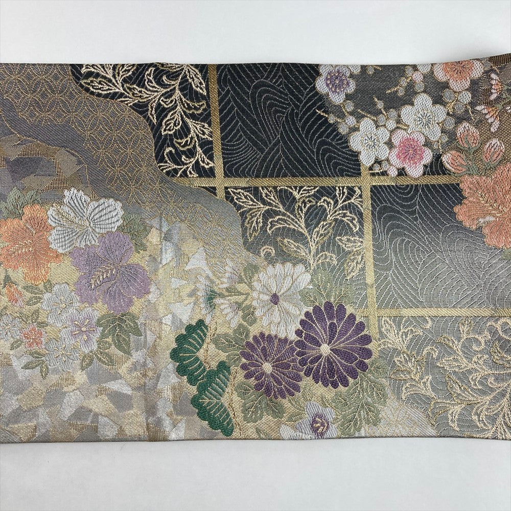 中古）袋帯 金銀 黒 セミフォーマル フォーマル 六通 引き箔 四季花