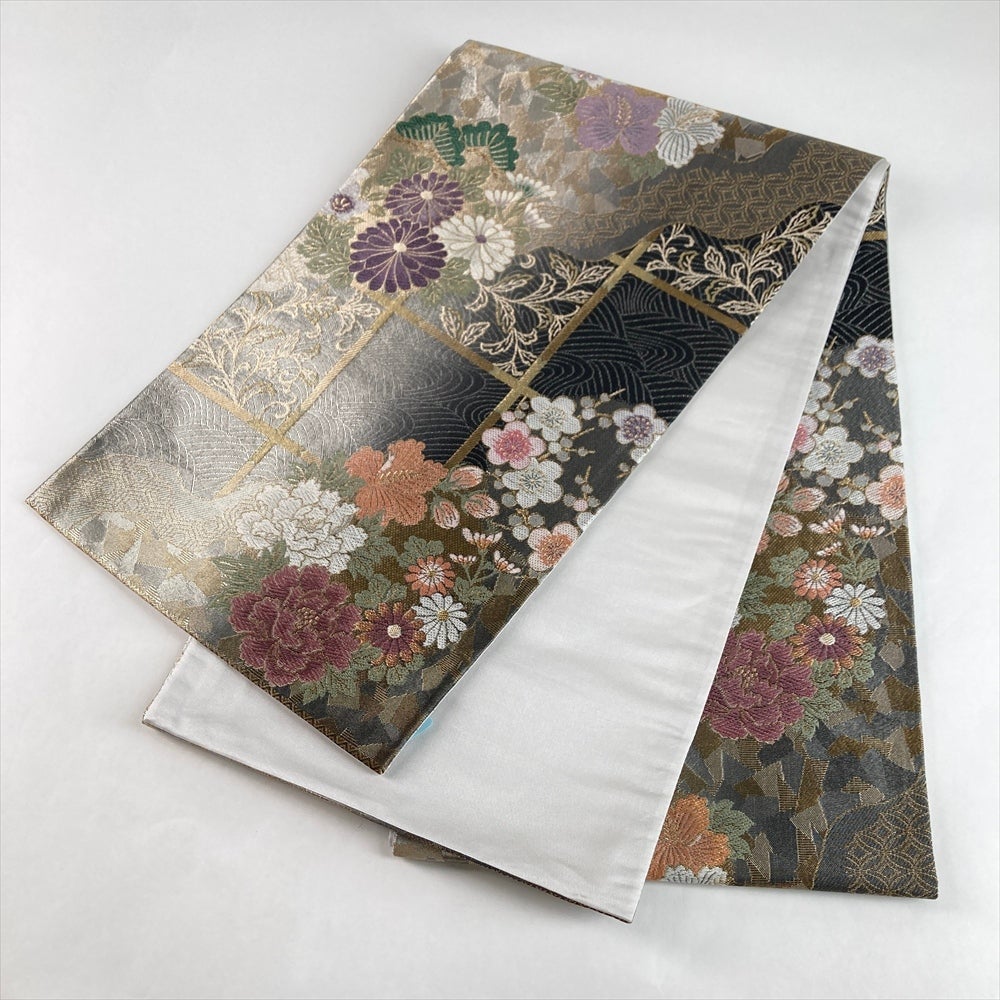 夏物 夏帯 袋帯 中古 リサイクル 正絹 セミフォーマル 仕立て上がり 六通 菱模様 銀通し 黒色 金銀 きもの北條 A1227-15 夏物 夏帯 袋帯 中古 リサイクル 正絹 セミフォーマル 仕立て上がり 六