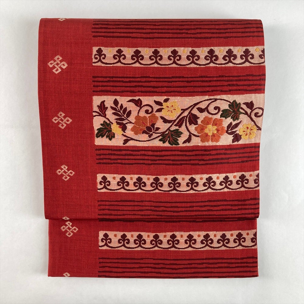 中古）袋帯 赤 カジュアル 六通 織り オリエンタル花草文 絹