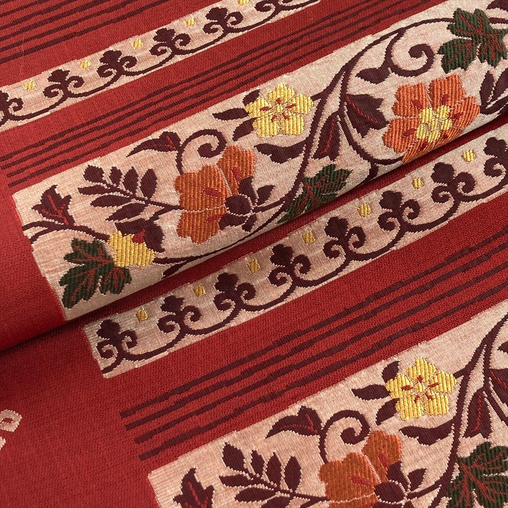 中古）袋帯 赤 カジュアル 六通 織り オリエンタル花草文 絹