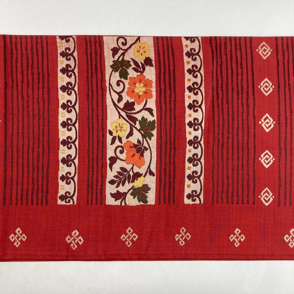 中古）袋帯 赤 カジュアル 六通 織り オリエンタル花草文 絹