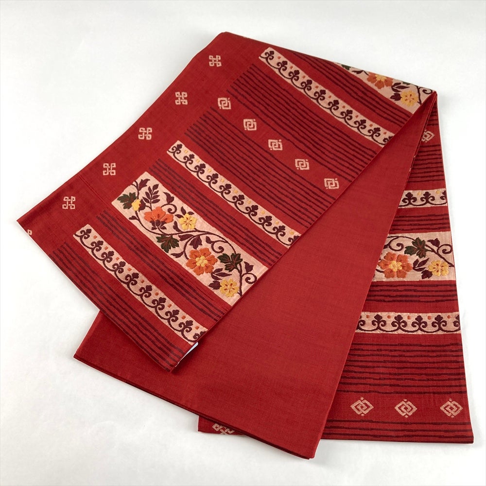 中古）袋帯 赤 カジュアル 六通 織り オリエンタル花草文 絹