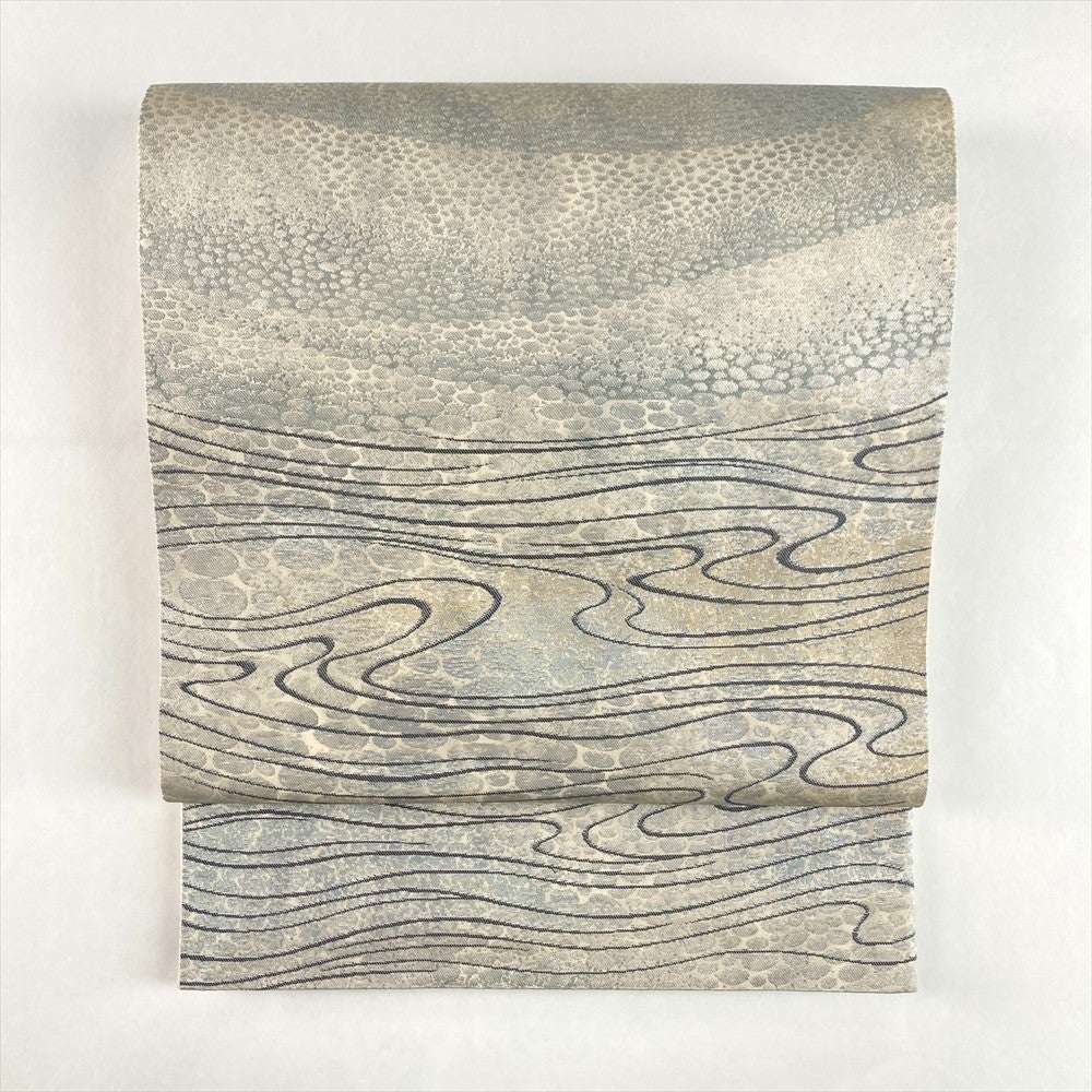 中古）袋帯 銀 アイボリー セミフォーマル フォーマル 六通 引き箔 波文 絹