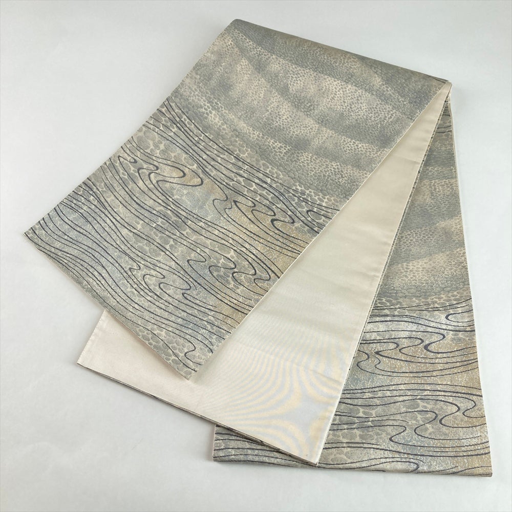 中古）袋帯 銀 アイボリー セミフォーマル フォーマル 六通 引き箔 波文 絹