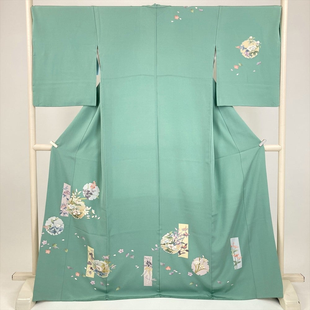 訪問着＊袷着物 雪輪重ね花々模様 グリーン　フォーマル 10HG2 中古） 訪問着 緑 セミフォーマル 短冊文 雪輪文 袷 絹 【身丈】164cm
