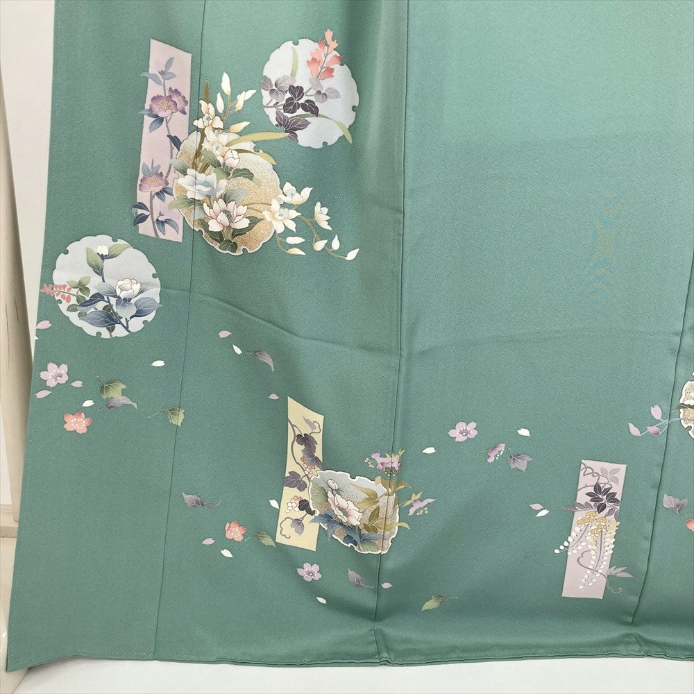 訪問着＊袷着物 雪輪重ね花々模様 グリーン　フォーマル 10HG2 中古） 訪問着 緑 セミフォーマル 短冊文 雪輪文 袷 絹 【身丈】164cm