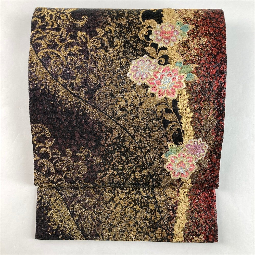 袋帯 美しい辻が花織模様 金糸 梅谷渋色 O-3436 美品 袋帯 秀品 辻が花柄 市松 箔 金銀糸 赤紫 六通 正絹 中古