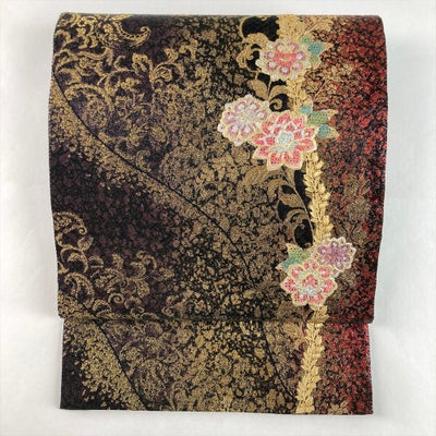中古）振袖用袋帯 金 フォーマル 六通 金糸 引き箔 花の丸文様 絹